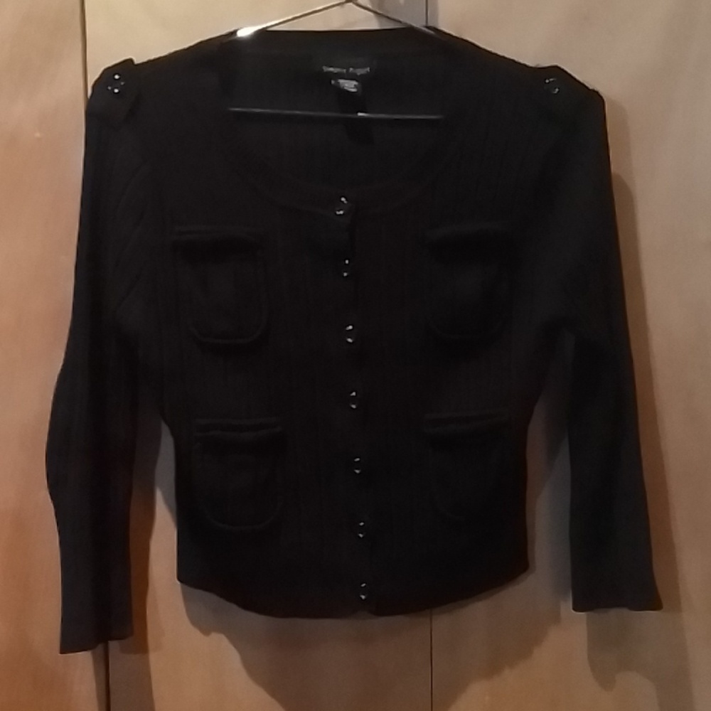 Girl's button front cardigan w/4 real pockets, elbow patches in black,sz L